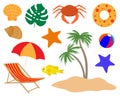 Set summer sea beach palm trees swimsuit sunglasses cream fish shells starfish crab umbrella vector illustration Royalty Free Stock Photo